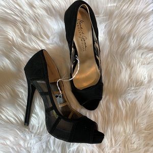 Mack & James Badgley Mischka Black Heels Size 9 Open Toe Lace Stilleto Pumps